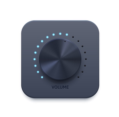 Music sound volume knob button vector icon. Metal audio control dial switch with blue light power level scale. Mobile or web app interface, ui or gui isolated 3d button with analog rotary knob