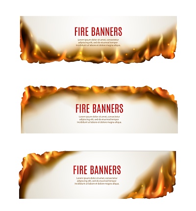 Fire banners of vector burning paper with scorched edges, hot red fire flames, sparks and smoke. Paper pages or parchment with realistic blaze borders for seasonal discount sale promotion design