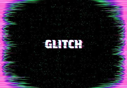 Glitch screen vector background, monitor error glitch effect with color digital pixel noise frame border and tv static error backdrop. Television bad signal or broken VHS video tape rewind texture