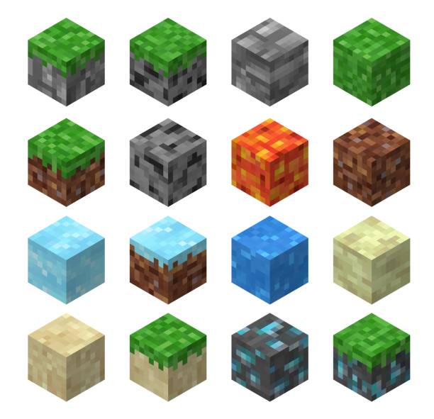 Pixel game blocks, grass, stone, ice, water, sand Pixel game blocks of grass, stone, ice and water, sand, lava, coal and golden ore vector patterns. Isometric video and web games ui, 3d boxes and cubes with pixelated textures of craft materials ice clipart stock illustrations