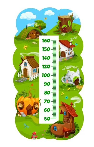 Vector illustration of Kids height chart, cartoon fairy home dwellings