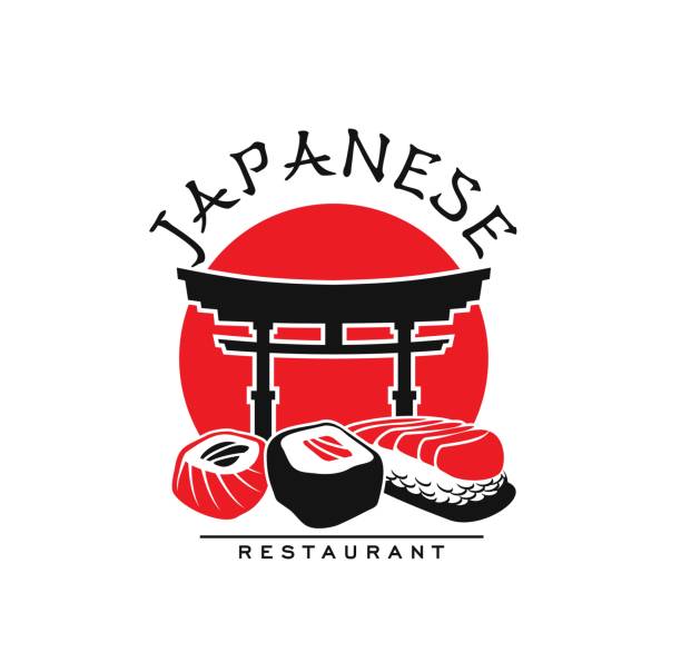 istock Japanese cuisine restaurant icon with sushi, rolls 1356239629