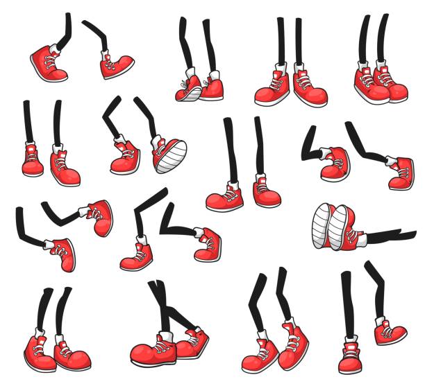 Isolated cartoon legs, human comic feet in shoes Isolated cartoon vector legs of human comic feets in red shoes. Walking, standing, running and dancing, jumping and lying comic book character legs in bright sneakers with laces standing had to knee pose stock illustrations