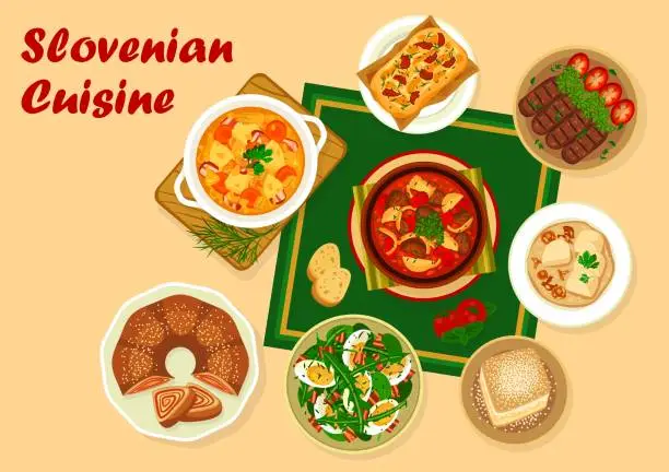 Vector illustration of Slovenian cuisine food, meat and vegetable dishes
