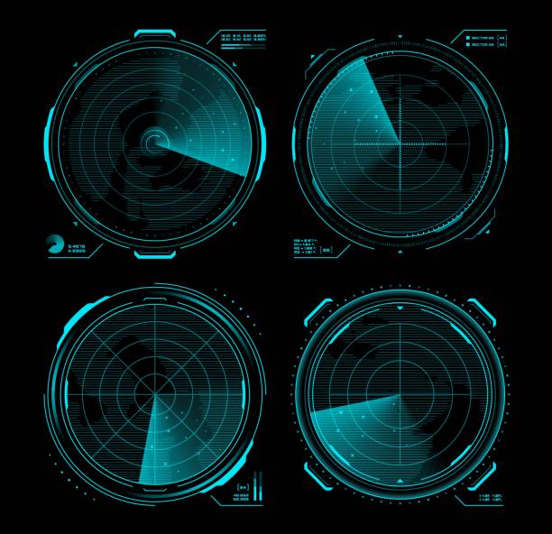 HUD military radar or sonar screen interface HUD military traffic control, radar or sonar display screen interface. Navigation digital vector monitors with blue neon radar grid, map, target and blip objects, submarine, airplane navigation system flight radar screen stock illustrations