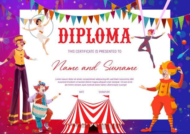 ilustraciones, imágenes clip art, dibujos animados e iconos de stock de circo shapito. educación de los niños o diploma de premio - stilts