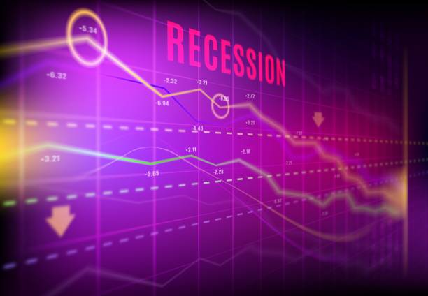 Economics recession, crashed stock loss trading Economics recession, crashed stock market, loss trading, indicators turned down. Vector economy crisis price drop, arrow chart fall, analysis or graph business, finance money losing inflation crash inflation economics stock illustrations