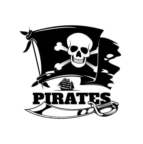 Pirate flag, skull and ship isolated vector icon Pirate flag, skull and ship vector icon with isolated jolly roger and sword. Caribbean Sea pirate crossbones and skeleton head black banner with sailing boat, saber of buccaneer captain or sailor pirate flag stock illustrations