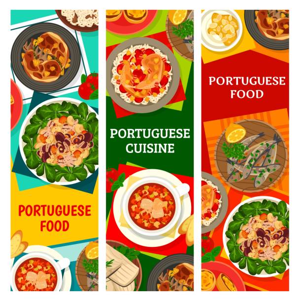 ilustrações de stock, clip art, desenhos animados e ícones de portuguese food dishes, cuisine meal vector banner - pastel de nata ilustrações