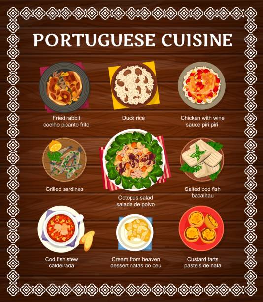 ilustrações de stock, clip art, desenhos animados e ícones de portuguese cuicine restaurant meals menu cover - pastel de nata ilustrações