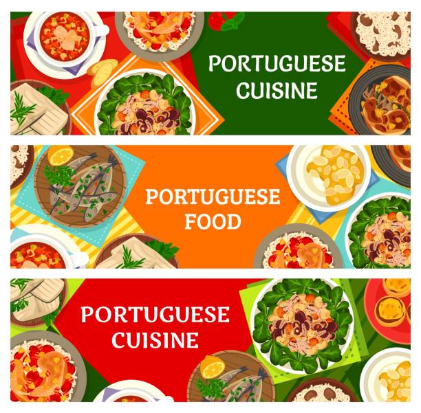ilustrações de stock, clip art, desenhos animados e ícones de portuguese food restaurant meals vector banners - pastel de nata ilustrações