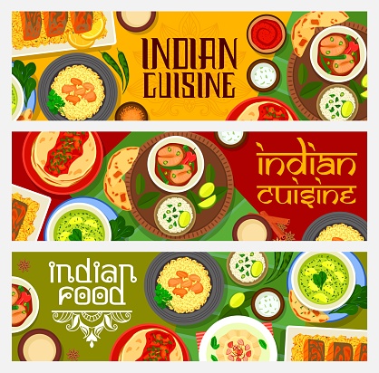 Indian cuisine food with spice dishes, dessert vector banners. Fish curry with rice, vegetables, dosa bread and tomato chutney sauce, meat pilaf, spinach palak paneer, kulfi ice cream, bombay potato
