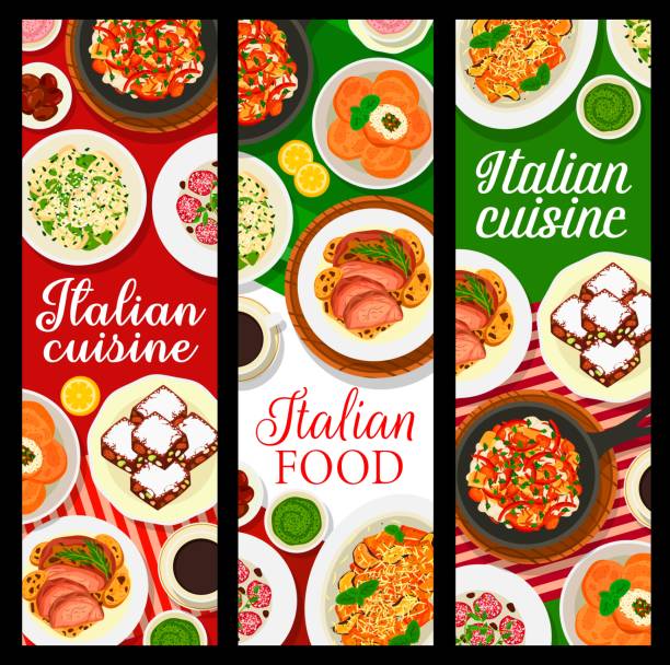 Italian cuisine banners of restaurant pasta dishes Italian cuisine vector banners of restaurant pasta dishes with meat and vegetable food, panforte dessert and coffee. Potato gnocchi, baked lamb, cheese and rice arancini with gremolata and pesto sauce gremolata stock illustrations