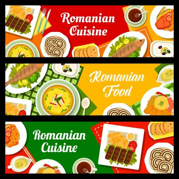 Vector illustration of Romanian cuisine restaurant dishes vector banners