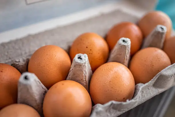 Photo of Closeup macro of pasture raised farm fresh dozen brown eggs store bought from farmer in carton box container with speckled eggshells texture