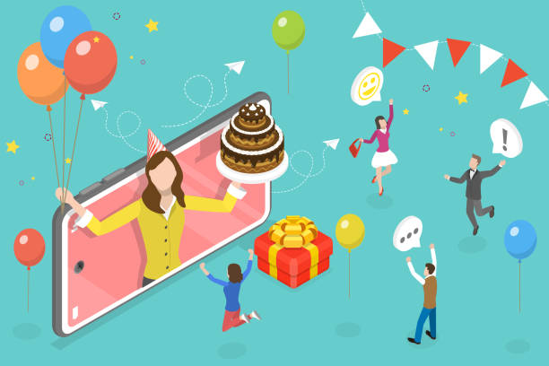 3D Isometric Flat Vector Conceptual Illustration of Virtual Birthday Party 3D Isometric Flat Vector Conceptual Illustration of Virtual Birthday Party, Online Celebration Event with Friends computer birthday stock illustrations