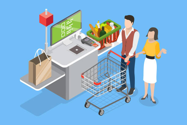 3D Isometric Flat Vector Conceptual Illustration of Self-checkout 3D Isometric Flat Vector Conceptual Illustration of Self-checkout, Modern Digital Automated Payment Cashier self checkout stock illustrations