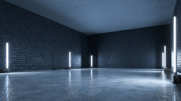 Empty interior of dark room lighting with floor lamps. 3d illustration