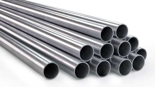 tubos metálicos aislados sobre el fondo blanco. ilustración 3d - cylinder metalwork metal steel fotografías e imágenes de stock