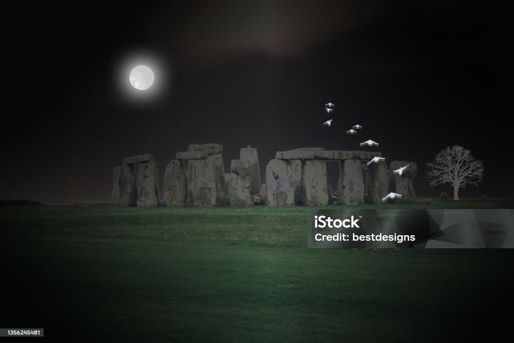 Stonehenge at Night Stonehenge at night. Birds fly to the moon. 3D rendering. Stonehenge Stock Photo