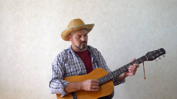 istock Bearded man in hat playing guitar 1356246689