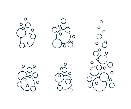Different types of circle bubbles set, fizzy oxygen line. Balls set. Bubbles in carbonated drink. Foam in bathroom. Vector