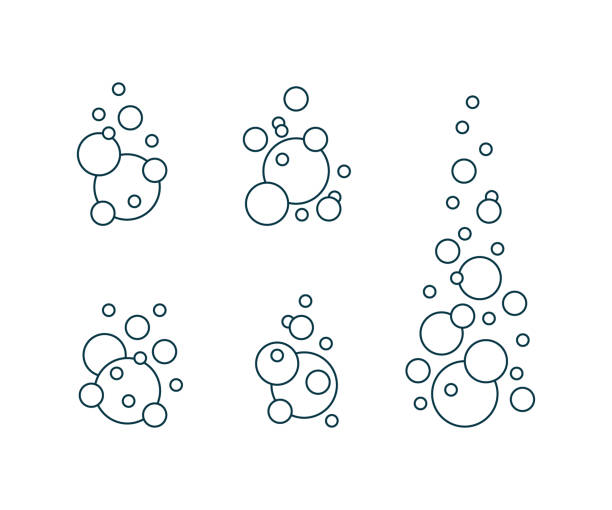 Different types of circle bubbles set, fizzy oxygen line. Balls set. Bubbles in carbonated drink. Foam in bathroom. Vector illustration Different types of circle bubbles set, fizzy oxygen line. Balls set. Bubbles in carbonated drink. Foam in bathroom. Vector powder dissolve liquid stock illustrations