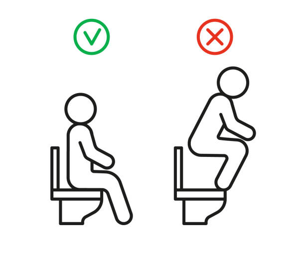 Right and wrong behavior in toilet. WC rules sit on seat toilet but not stand, warning sign. Signs allowed and prohibited to sit toilet. Correct sitting. Vector illustration Right and wrong behavior in toilet. WC rules sit on seat toilet but not stand, warning sign. Signs allowed and prohibited to sit toilet. Correct sitting. Vector squat toilet stock illustrations