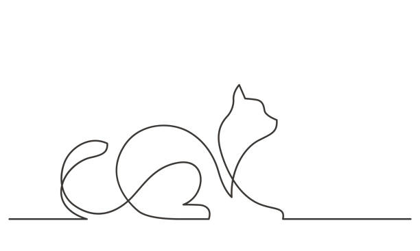 cat one line Continuous one line drawing of cat. Cat sitting with curled tail. Vector illustration simple cat line art stock illustrations