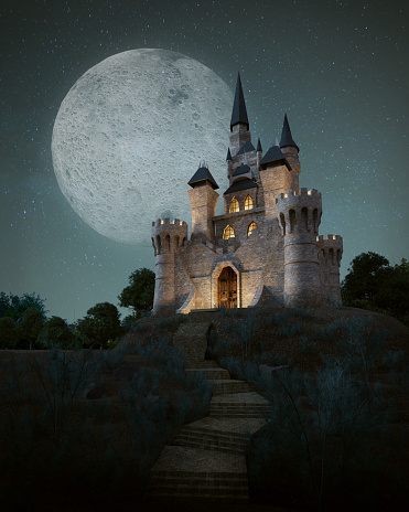 Castle  with fullmoon in night sky.3d rendering