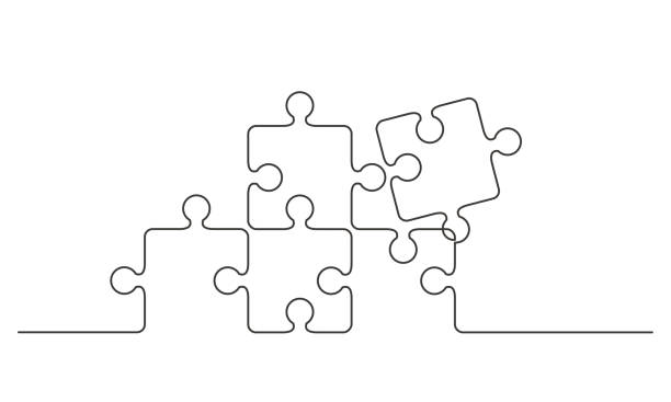 puzzle one line Continuous one line drawing of pieces of jigsaw on white background. Vector illustration for banner, template, poster, backdrop, web, app. Black thin line of puzzle icon. single object illustrations stock illustrations