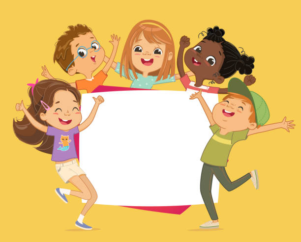 multikulturelle kinder halten ein leeres brett. süße kleine kinder auf weißem hintergrund. zeigen sie ein leeres poster für die texteingabe an. banner. cartoon vektor-illustration. isoliert. - jumping little girls child teenage girls stock-grafiken, -clipart, -cartoons und -symbole