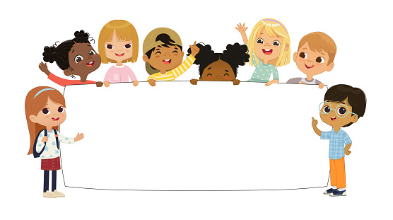 Multicultural kids hold a blank board. Cute little kids on a white background. Show a blank poster for text entry. Banner. Vector illustration. Isolated