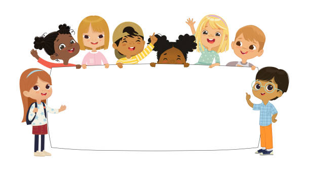 Multicultural kids hold a blank board. Cute little kids on a white background. Show a blank poster for text entry. Banner. Cartoon Vector illustration. Isolated. Multicultural kids hold a blank board. Cute little kids on a white background. Show a blank poster for text entry. Banner. Vector illustration. Isolated multicultural children stock illustrations