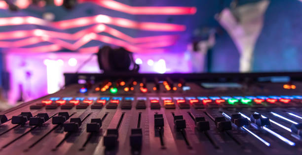 istock Close up, sound music mixer control panel on blurred background. 1356254240