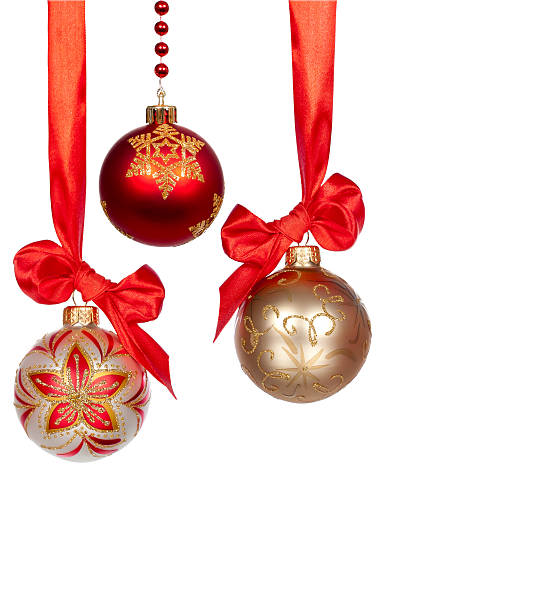 istock Christmas baubles with ribbon isolated on white 135625445