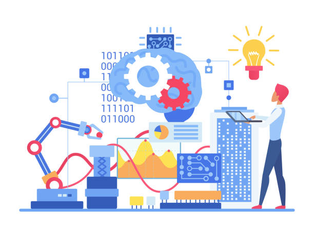 ilustraciones, imágenes clip art, dibujos animados e iconos de stock de sistema de aprendizaje automático de inteligencia artificial - service engineer