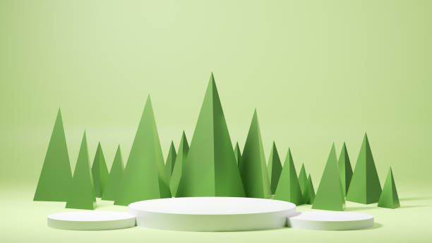 istock Green pyramids background and podiums for product presentation. 3D illustration. 1356254856