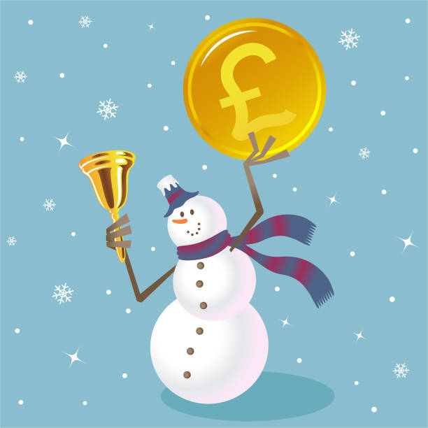 ilustrações de stock, clip art, desenhos animados e ícones de snowman is ringing a gold bell and showing british pound currency, merry christmas, and new year greeting - gift currency british currency pound symbol