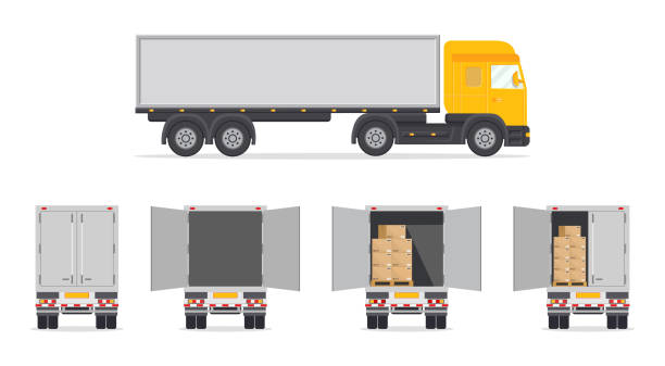 배달을위한 트럭. 뒤와 측면 보기와 트럭. 닫히거나 닫힌 뒷문. 상업용 주문용 밴 내부의 상자. 배달 서비스를 위해 소포가있는 트럭의 모형. 화물의 빠른 이동. 벡터 - moving van illustrations stock illustrations