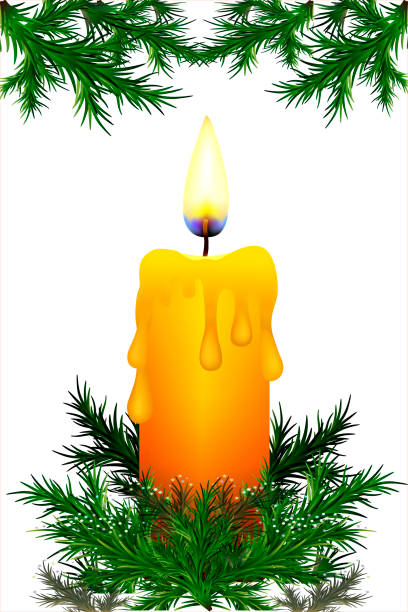 illustrations, cliparts, dessins animés et icônes de bougie allumée sur le fond des branches de sapin. l’atmosphère magique de la nuit de noël. - candlestick holder isolated candle medieval