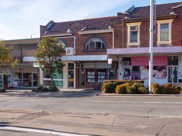 shops front with awning at business area in ryde - ryde imagens e fotografias de stock