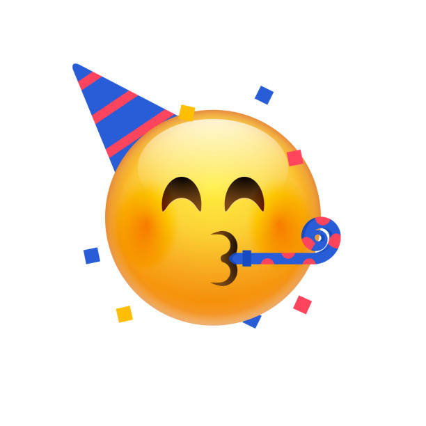 geburtstagsparty emoji feiern emoticon. alles gute zum geburtstag gesicht hut emoji - emojis stock-grafiken, -clipart, -cartoons und -symbole