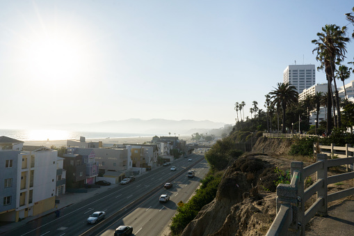 Scenery of Santa Monica. Beach, mountains and highway along trees