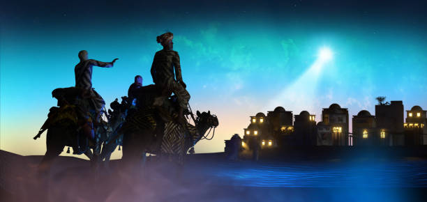 istock Christian Christmas scene with the three wise men and shining star, 3d render 1356265316