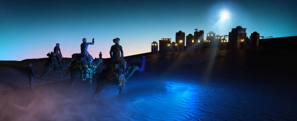 Christian Christmas scene with the three wise men and shining star, 3d render