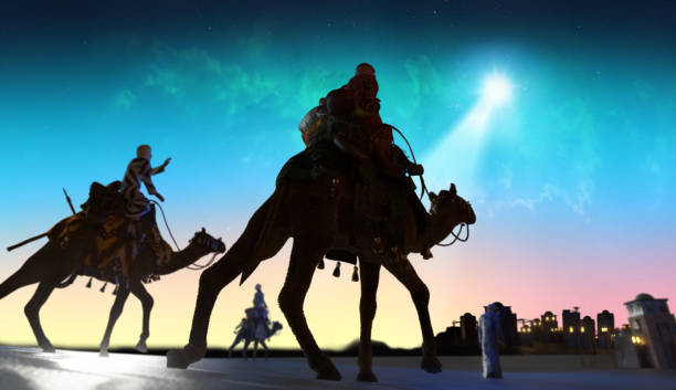 istock Christian Christmas scene with the three wise men and shining star, 3d render 1356265430