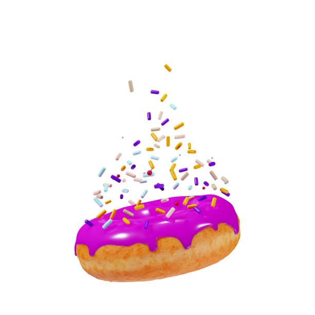 istock Falling sprinkles on a donut, 3d render. Realistic donut with pink glaze, isolated on a white background 1356266174
