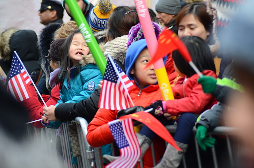 Spectators are seen enjoying the annual Lunar New Year in Manhattan's Chinatown.