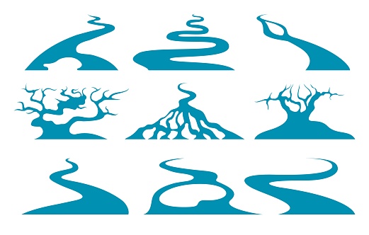 River bends. Bending rivers delta, flowing freshwater streams, blue streaming creeks, topography perspective flow set vector illustration